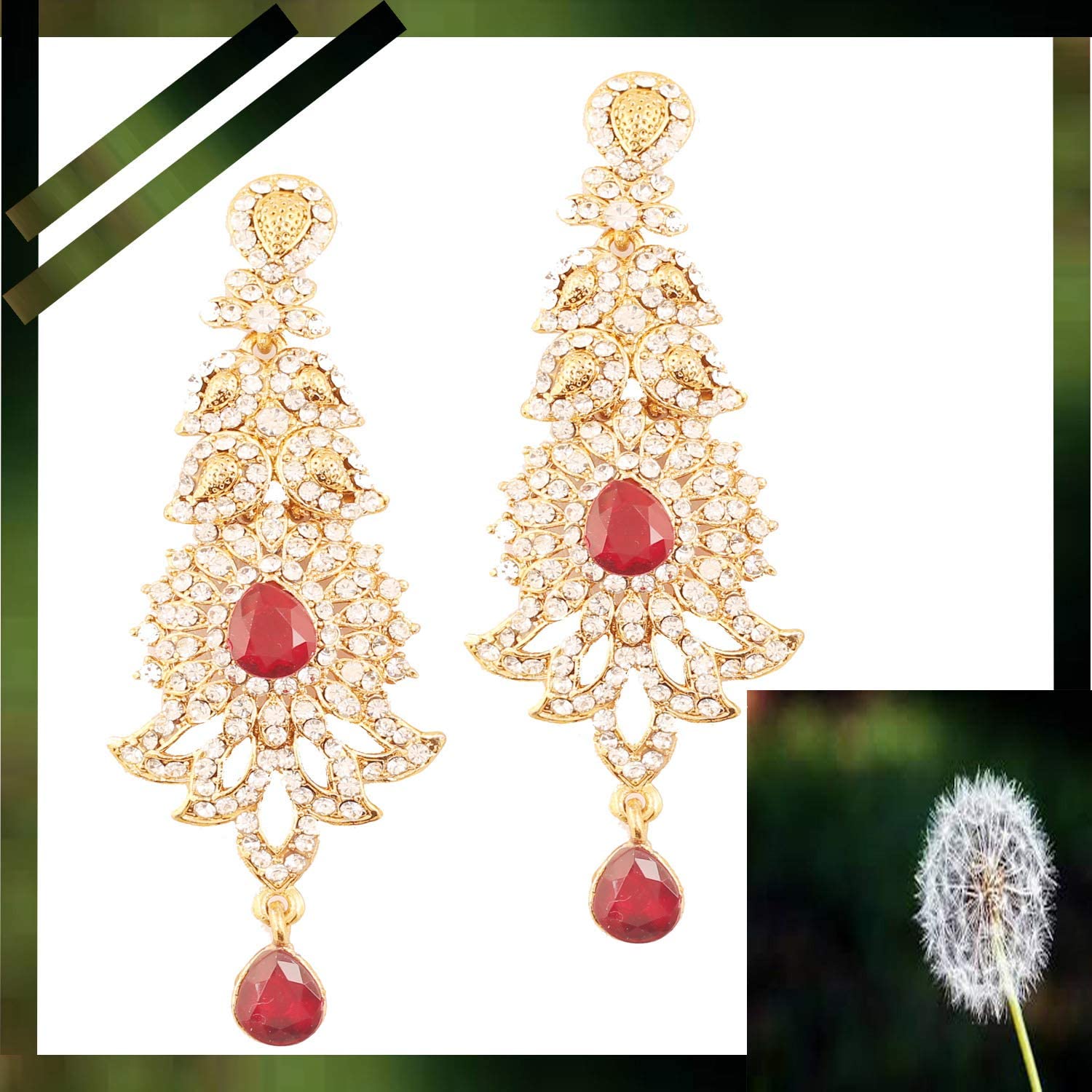 Touchstone "Hollywood Glamour Oscar Collection" Indian Paisley Motif Designer Bridal Jewelry Long Chandelier Earrings In Antique Gold and White Tone For Women. - Image 7